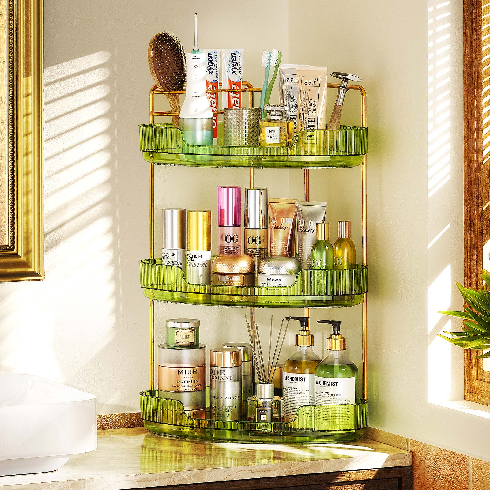 3-Tier Corner Bathroom Counter Organizer (Green)