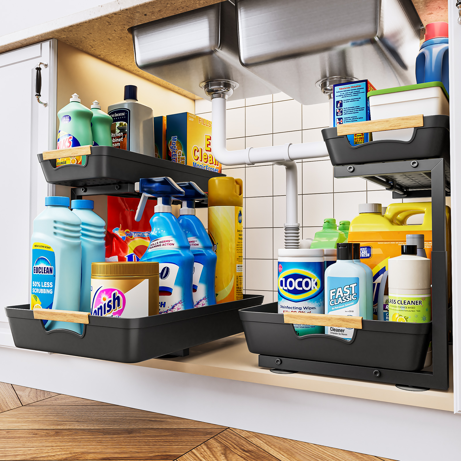 Under Sink Organizer Height Adjustable (2 Pack, Black)